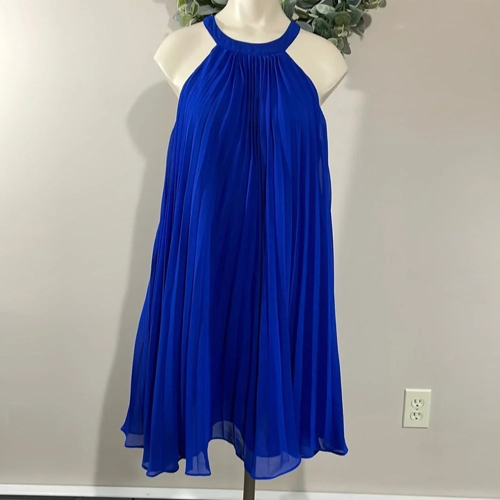 NWOT Betsy Johnson Chiffon Pleated Halter A-line Swing Dress Royal Blue 10
